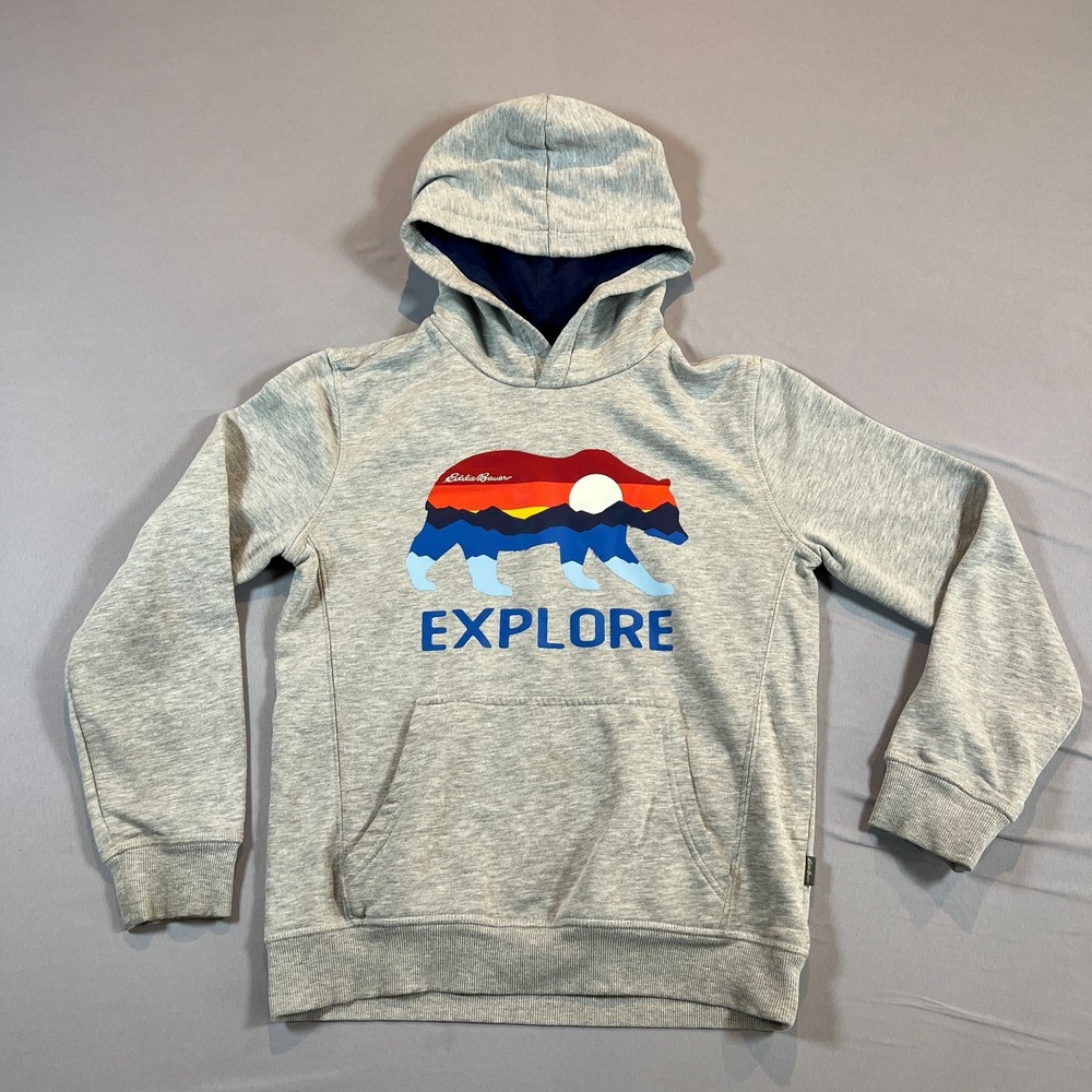 Eddie Bauer Pullover Hoodie Kids M 10-12 Gray Explore Bear Graphic Long Sleeve